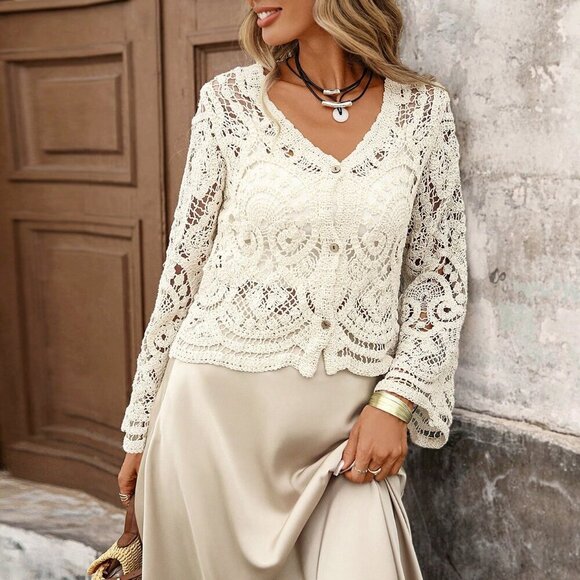 Apricot Casual Women's Hollow Out Crochet Cardigan top - Picture 7 of 8